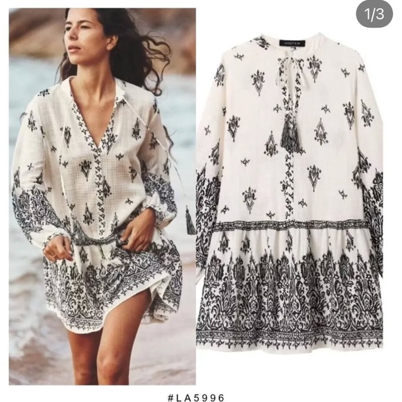 ZARA Cotton Printed Rustic Boho Mini Dress Cream Black L - Picture 1 of 14